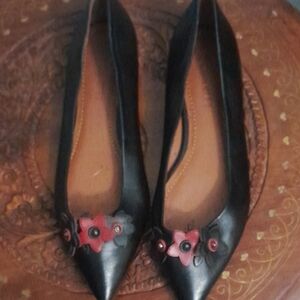 Coach Black Pointed Leather Flats with Red Flower Accents